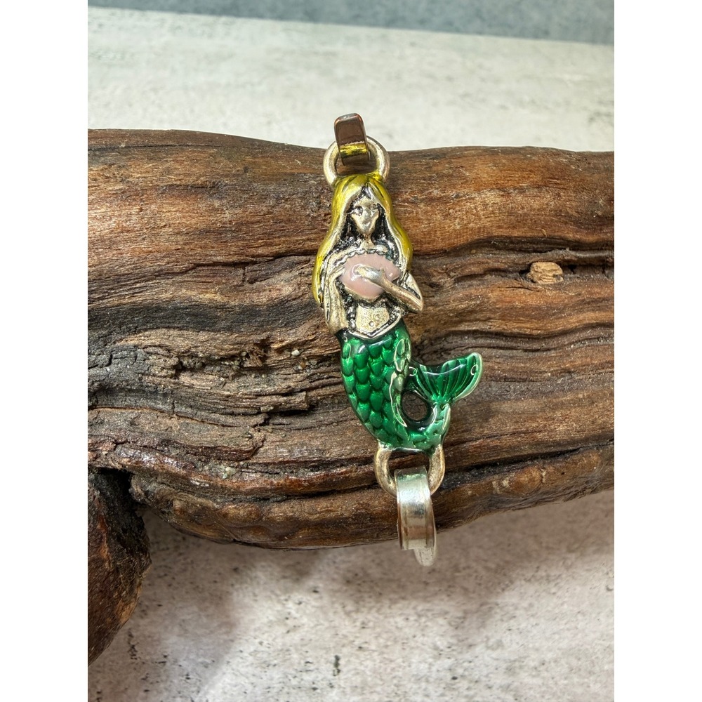 Vintage Mermaid Enamel Bangle Bracelet Silver Tone Green Yellow Nautical Jewelry